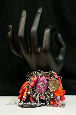 Treska | Silver Cuff Bracelet with Pink & Orange Charms