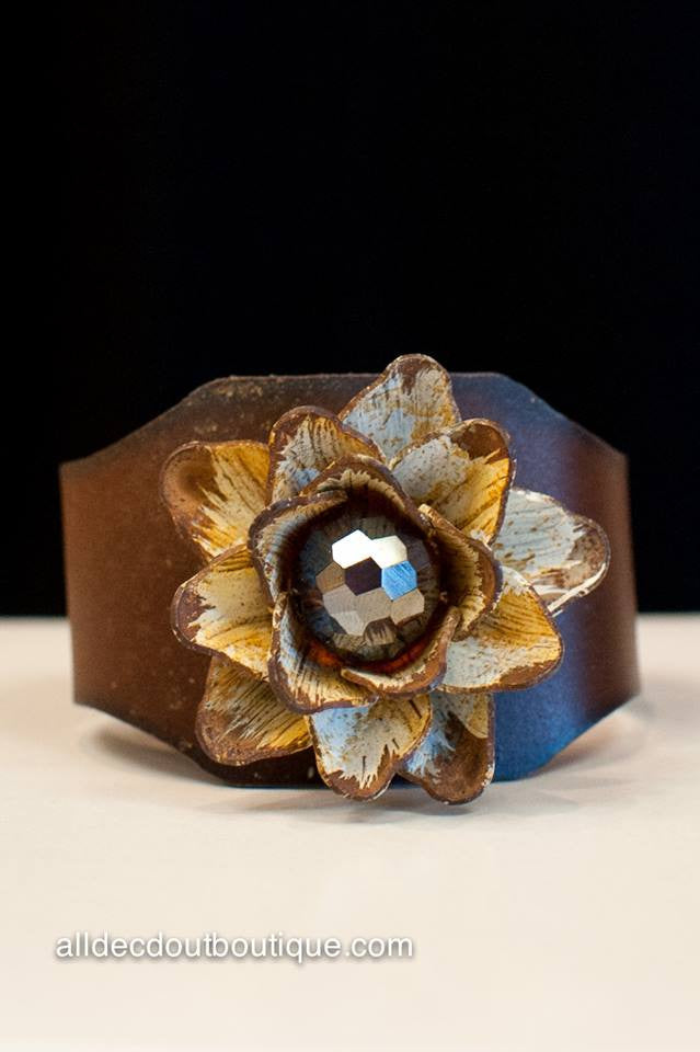 ADO | Rustic Cuff Bracelet with Embellished Flower - All Decd Out