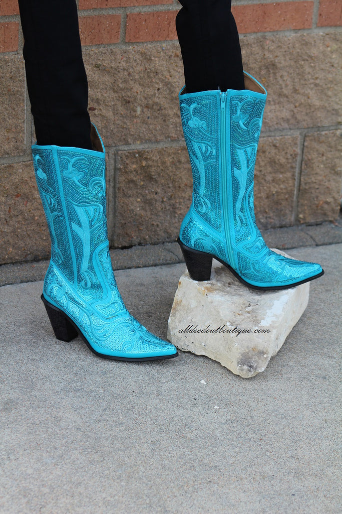 Helen s Heart Full Embellished Sequin Turquoise Boot All Decd Out