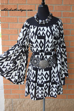 2 Tee Couture | Geometric Print Dress with Flare Sleeve - All Decd Out