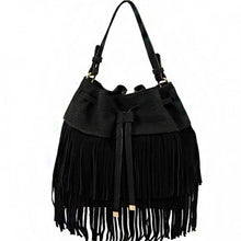 ADO | Drawstring Fringe Hobo Handbag Black - All Decd Out