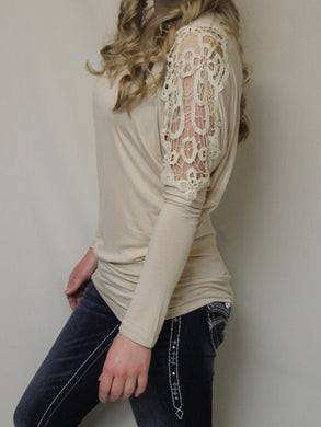 Julila | Lace Cut-Out Dolman Long Sleeve Top Taupe