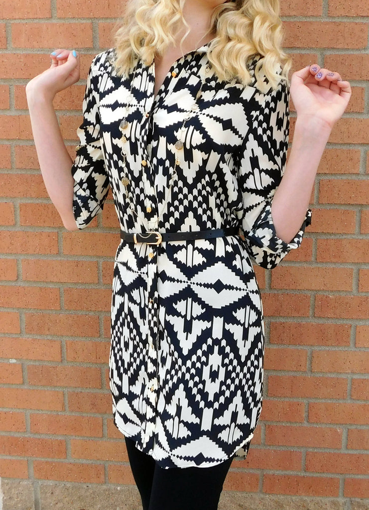 Timing Button Up Tribal Print Dress Black & Cream All Dec'd Out All