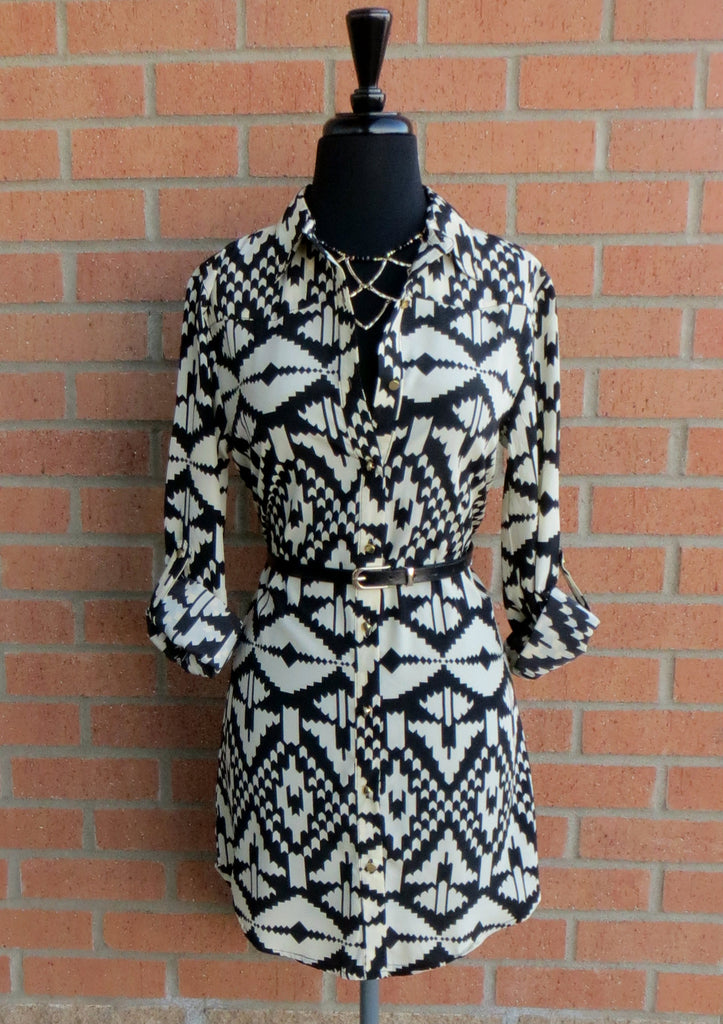 Timing Button Up Tribal Print Dress Black & Cream All Dec'd Out All