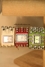 White/White Silver Studs Clear Rhinestones Leather Band with Button Clasp