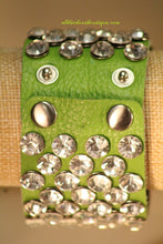 Green/Green Silver Studs Clear Rhinestones | Leather Band with Button Clasp