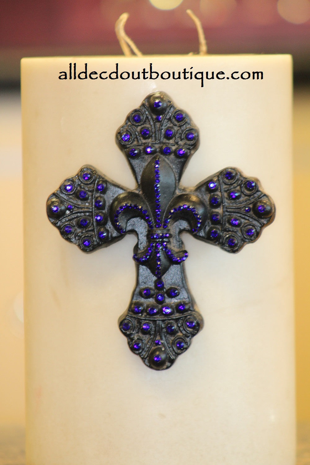DECORATIVE CANDLE PIN EMBELLISHED | Royal Purple Crystals Large Cross