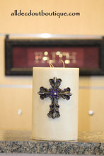 DECORATIVE CANDLE PIN EMBELLISHED | Royal Purple/White Crystals Large Cross