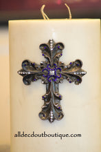 DECORATIVE CANDLE PIN EMBELLISHED | Royal Purple/White Crystals Large Cross