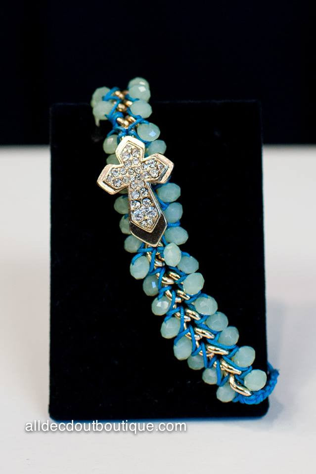 ADO | Blue Adjustable Bracelet with Gold Embellished Cross - All Decd Out
