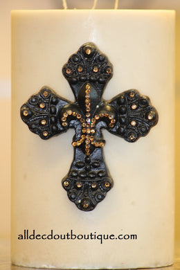 DECORATIVE CANDLE PIN EMBELLISHED Topaz Crystals Large Cross/Fleur De Lis