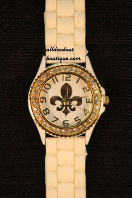 White/White Gold Fleur De Lis Clear Rhinestones | Silicone Band - All Decd Out