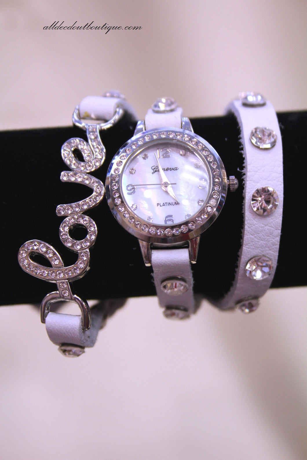 White/White, Clear Crystal Love | Leather Band w/ Button Clasp