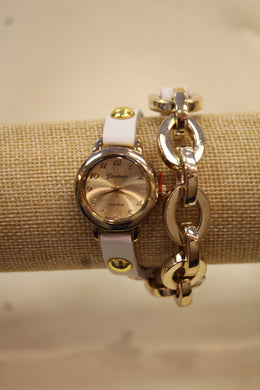 White/Gold, Gold Studs, Metal Chain Links | Leather Band w/ Fold Over Clasp