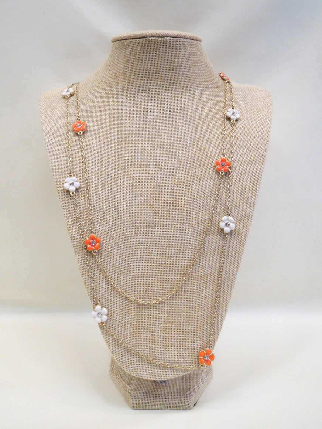 ADO | Orange & White Daisies Gold Chain Necklace Long - All Decd Out