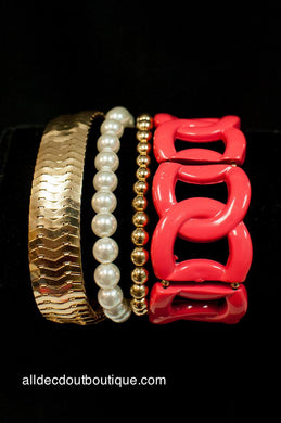 ADO | Coral and Gold Chain Link Stretch Bracelet - All Decd Out