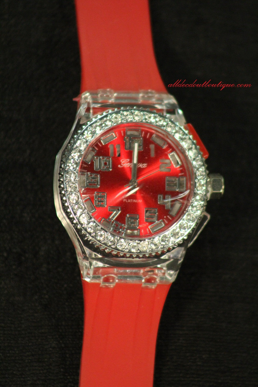 Red/Red Clear Rhinestones Large Face | Silicone Band with Clasp
