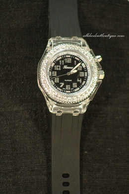 Black/Black Clear Rhinestones Large Face | Silicone Band with Clasp