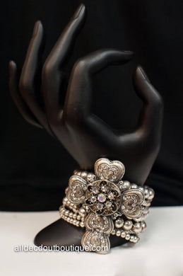 ADO | Silver Beaded Stretch Bracelet with Embellished Cross