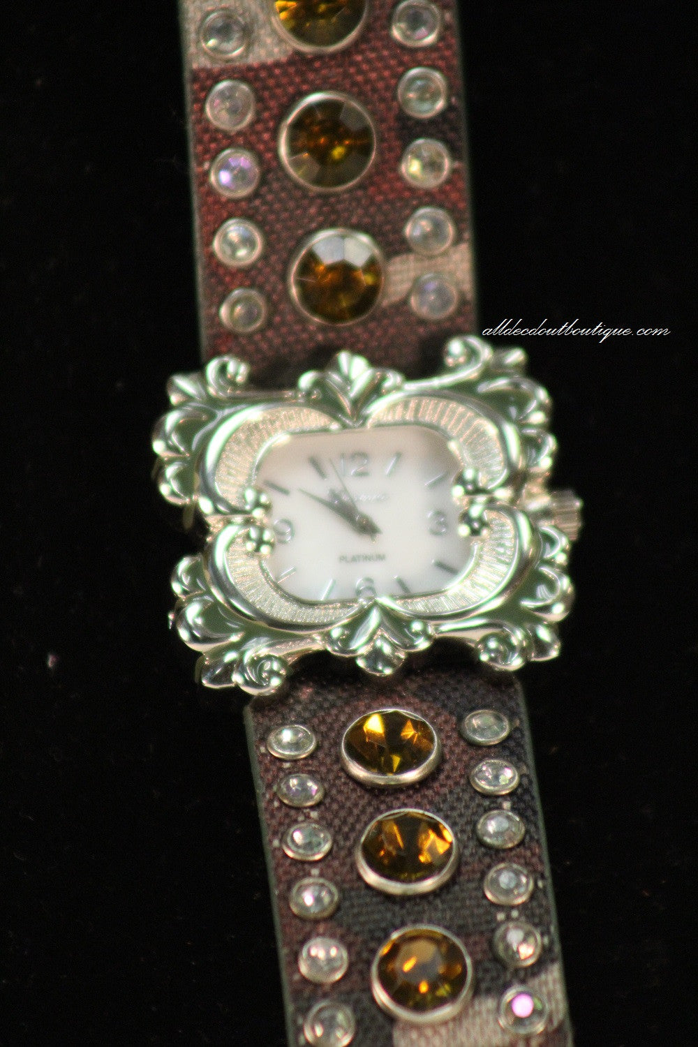 Camouflage/White Silver Studs & Clear Rhinestones | Leather Band with Buckle Clasp