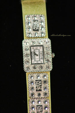 Green/White Clear Rhinestones | Leather Band with Buckle Clasp