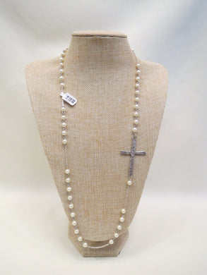 ADO Fashion Jewelry Long Pearl and Metal Cross Necklace