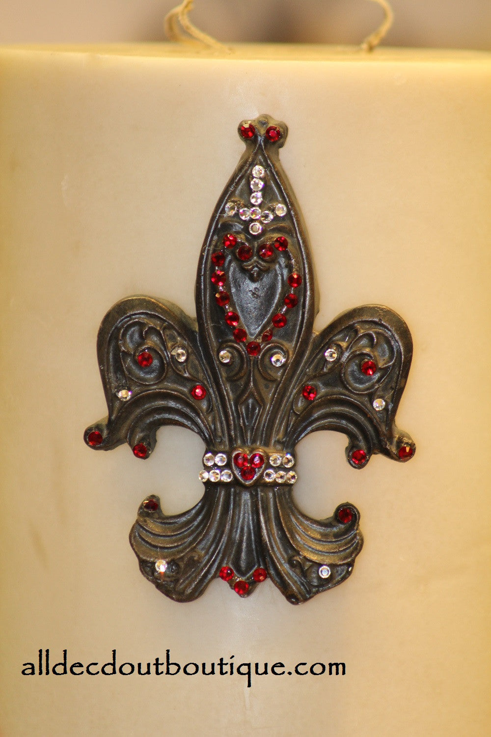 DECORATIVE CANDLE PIN EMBELLISHED Rose Red/Clear Crystals Large Fleur De Lis