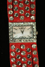 Red/White Silver Studs Clear Rhinestones | Leather Band with Button Clasp