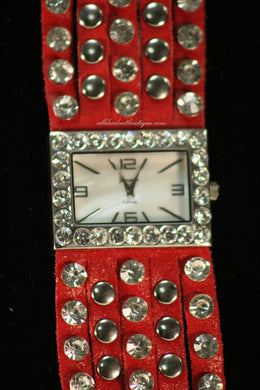 Red/White Silver Studs Clear Rhinestones | Leather Band with Button Clasp