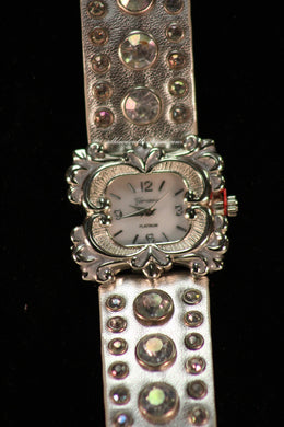Silver/White Silver Studs & Clear Rhinestones | Leather Band with Buckle Clasp
