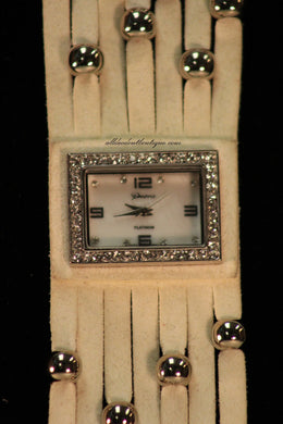 White/White Silver Studs Clear Rhinestones | Leather Band with Button Clasp