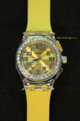 Yellow/Yellow Clear Rhinestones Large Face | Silicone Band with Clasp