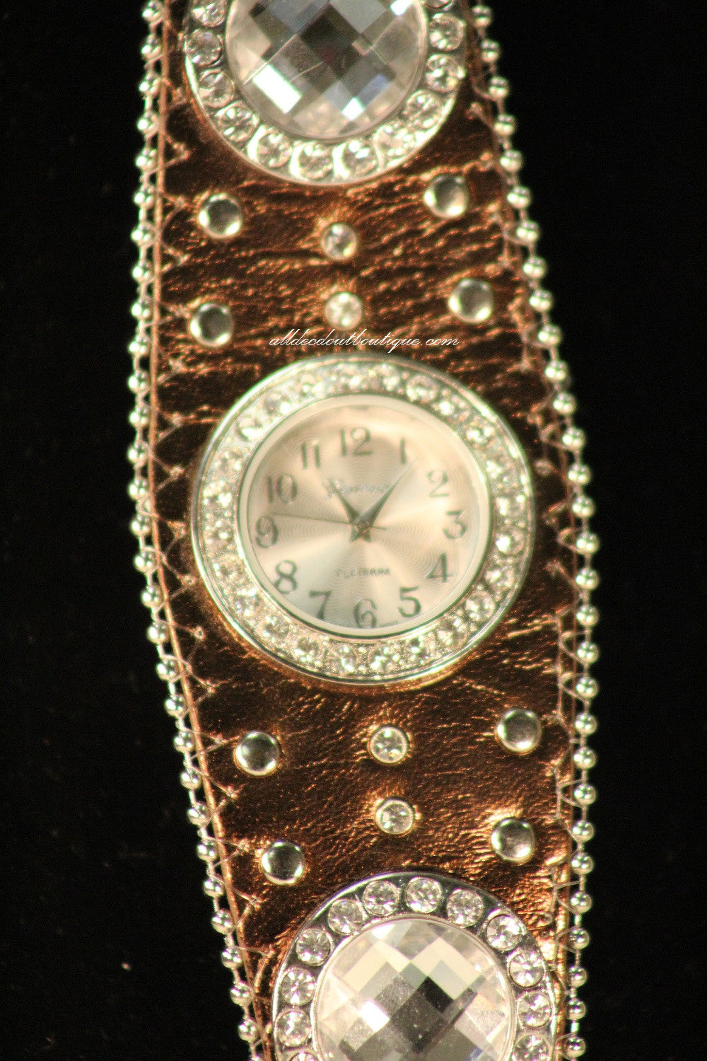 Brown/White Silver Studs & Clear Rhinestones | Leather Band with Buckle Clasp