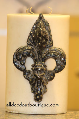 DECORATIVE CANDLE PIN EMBELLISHED Clear Crystals Extra Large Fleur De Lis