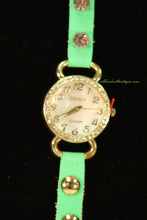 Green/White Silver Studs & Clear Rhinestones | Leather Band w/ Button Clasp