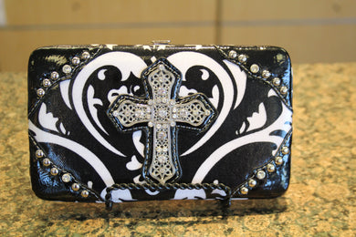 ADO | Bling Cross Damask Print Clutch Wallet Black - All Decd Out