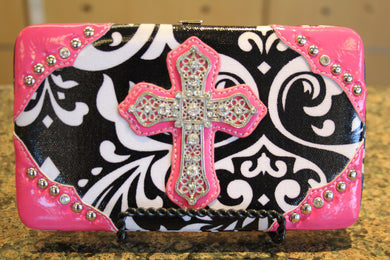 ADO | Bling Cross Damask Print Clutch Wallet Pink - All Decd Out