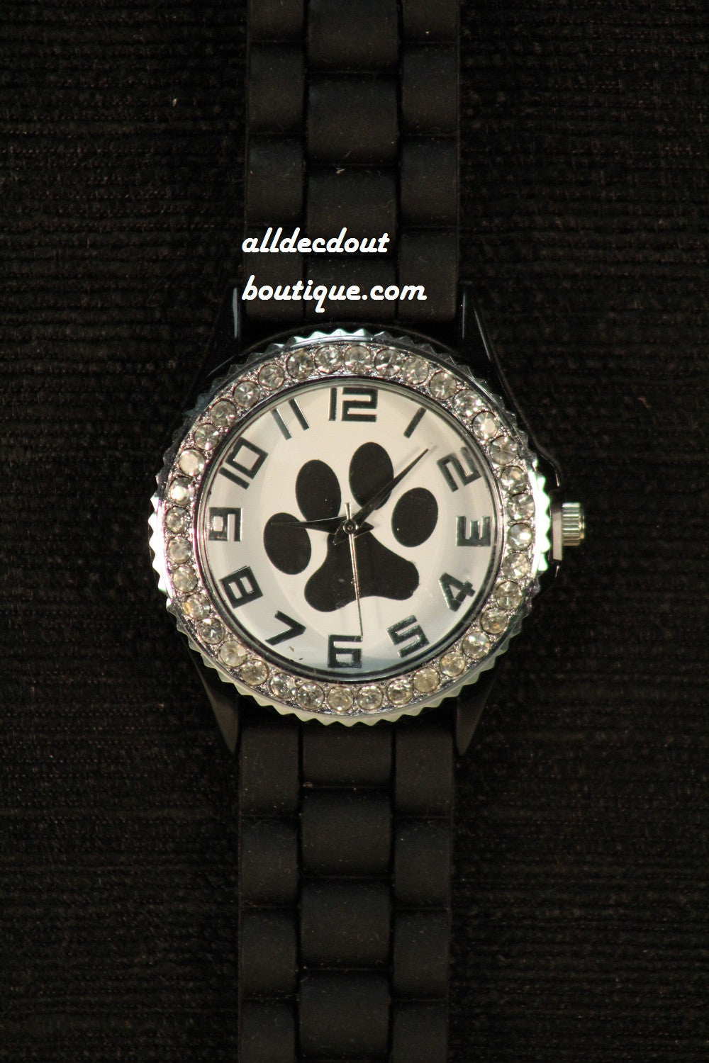Black/White Black Paw Clear Rhinestones | Silicone Band - All Decd Out