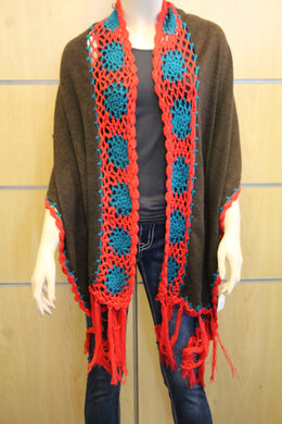 Treska | Wrap Sweater Scarf with Crochet Trim Brown & Red