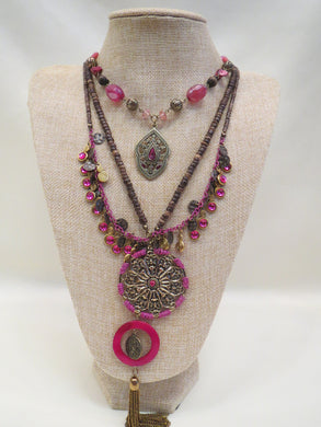 Treska | Pink & Brass Gold Layer Necklace Long - All Decd Out