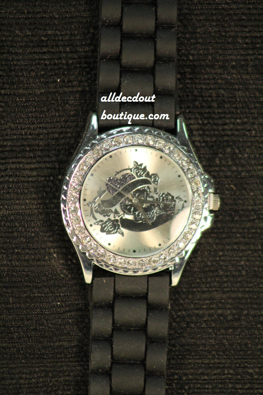Black/Sheen Hearts & Roses Clear Rhinestones | Silicone Band - All Decd Out