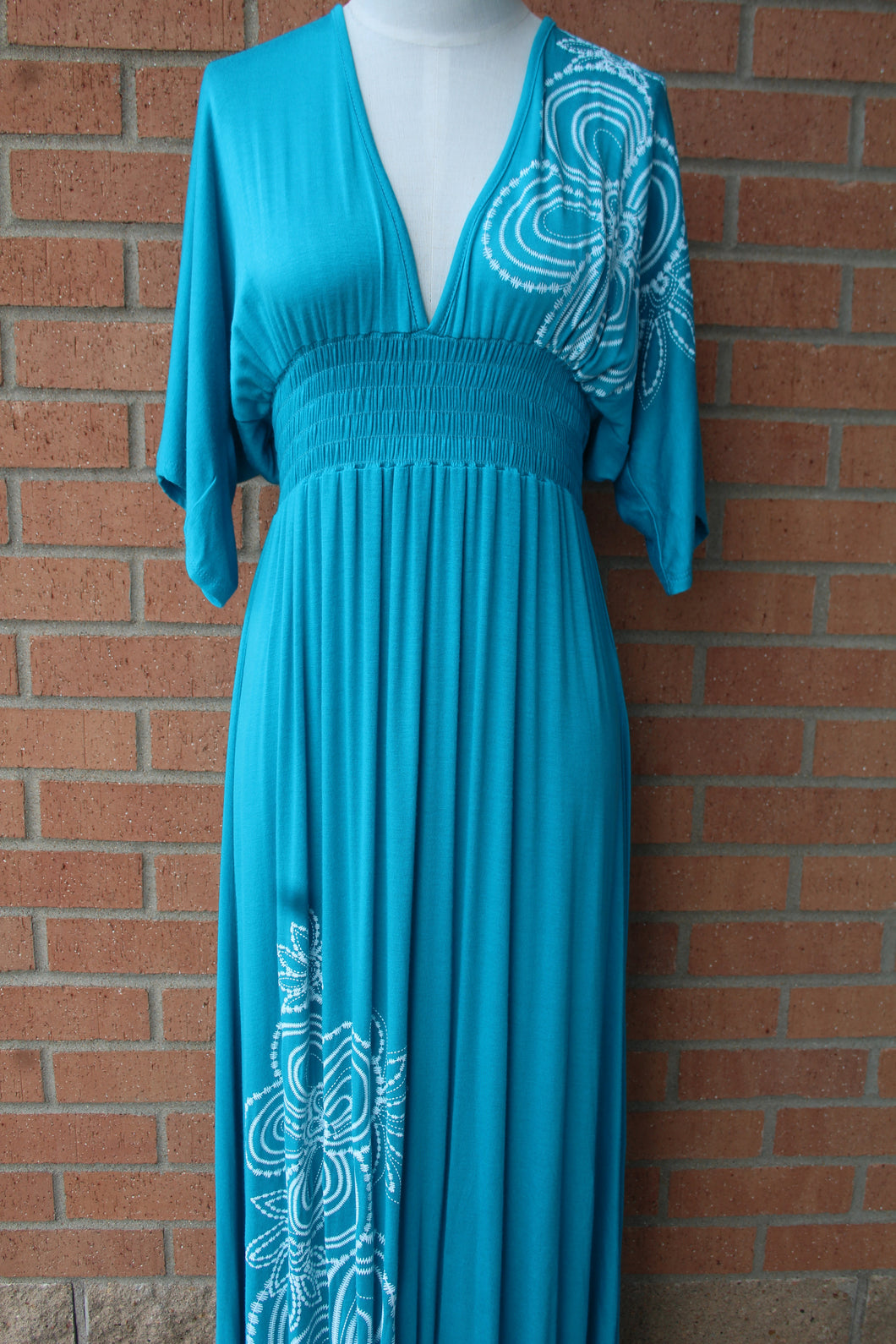 Voll Long Bright Teal & White Design Maxi Dress | All Dec'd Out All Decd Out Voll Long Bright Teal & White Design Maxi Dress | All Dec'd Out All Decd Out