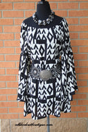 2 Tee Couture | Geometric Print Dress with Flare Sleeve - All Decd Out