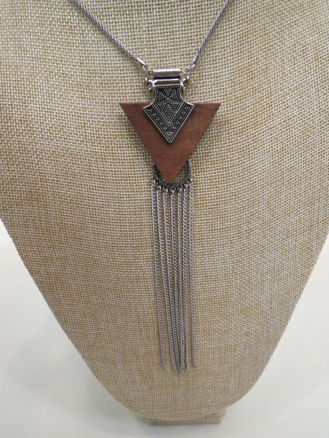 Wood & Tassel Pendant on Long Silver Chain Necklace | All Dec'd Out