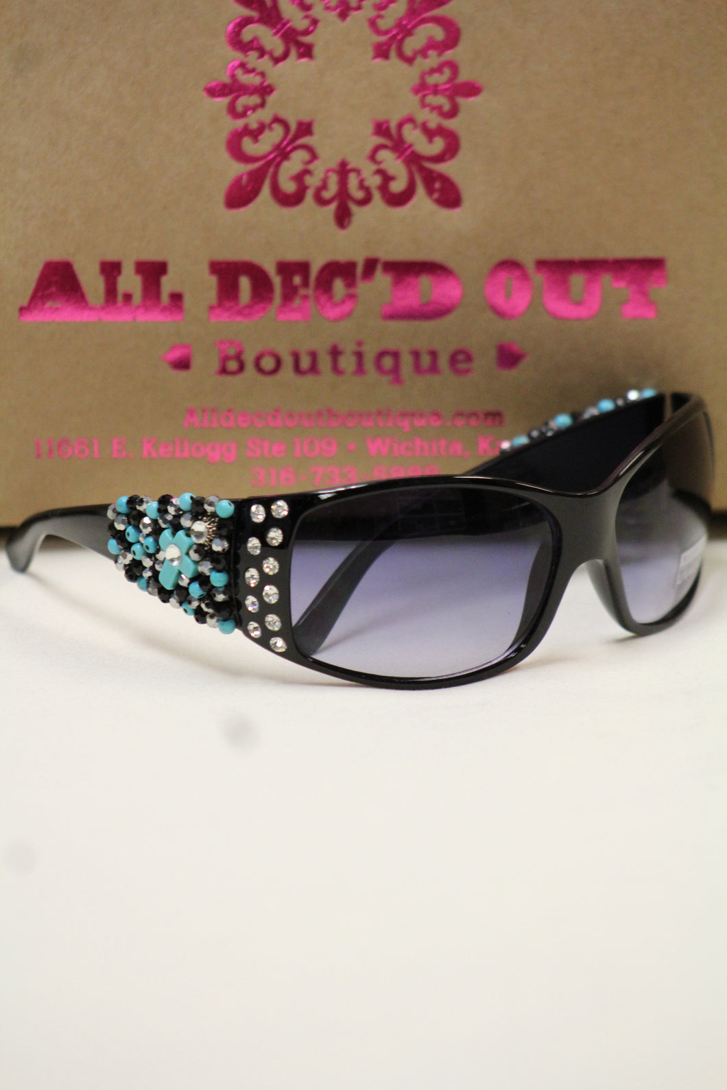 ADO | Customized Sunglasses Black with Turquoise Cross & Bling - All Decd Out