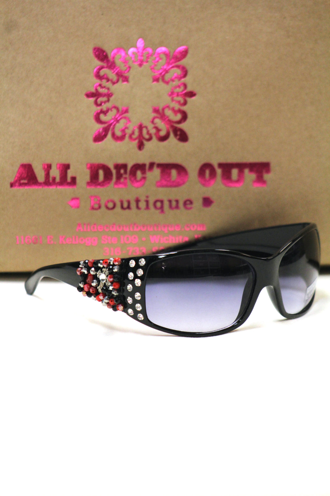 ADO | Customized Sunglasses Black with Red Beads & Silver Cross - All Decd Out