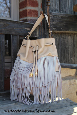 ADO | Drawstring Fringe Hobo Handbag Beige - All Decd Out