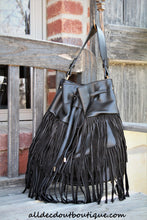 ADO | Drawstring Fringe Hobo Handbag Black - All Decd Out