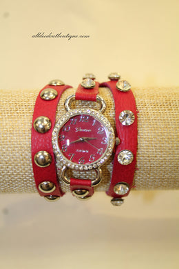 Hot Pink/Hot Pink Silver Studs & Clear Rhinestones | Leather Band w/ Button Clasp