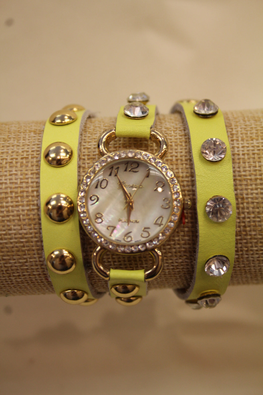 Neon Yellow/White Gold Studs & Clear Rhinestones | Leather Band w/ Button Clasp